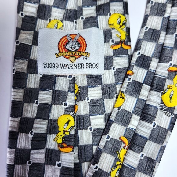 Warner Brothers Looney Tunes Tweety Bird Neck Tie 1999 Black and White Check - Picture 4 of 5